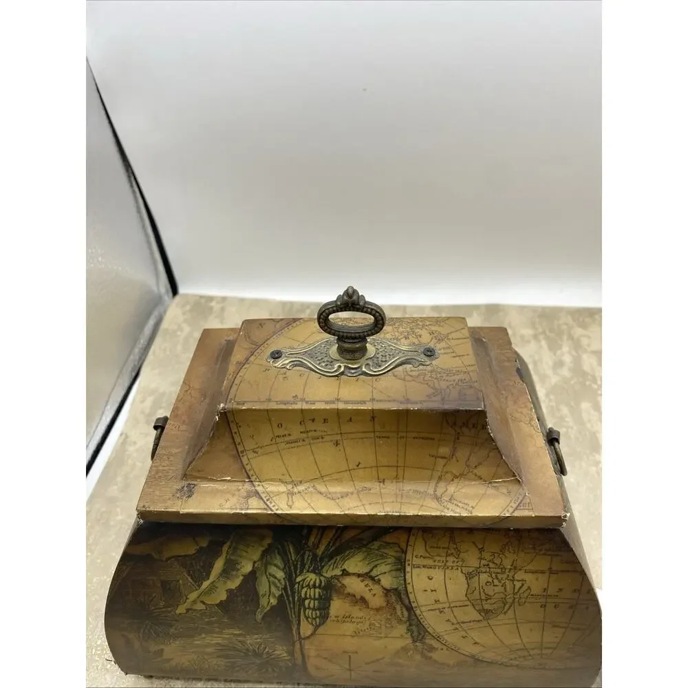 TABLE TOP CURVED CHEST W/WORLD MAP/TROPICAL SCENE DESIGN-LIDDED 8” Long
